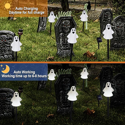 Solar Halloween Ghost Pathway Lights Decorations, Halloween Ghost Stake, Lighted 3D Ghost Outdoor Waterproof for Garden, Pathway and Yard Decoration (White, 5 Pack)