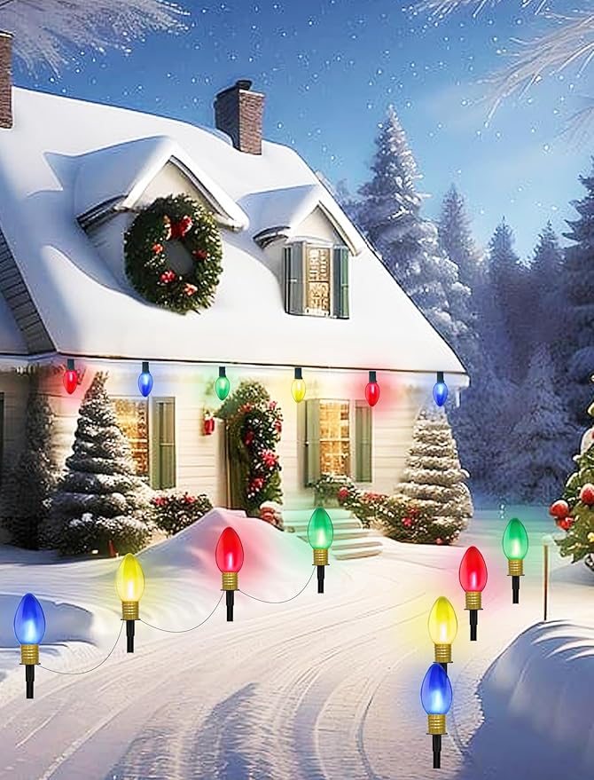 C9 LED Christmas Pathway Light Strings, 2 Pack 7FT Christmas Pathway Light Strings with 4 Jumbo LED Clear 4 Color Home Bulb Insert Rods for UL Listed for Lawn Walkway Lane Marker Lighting Decoration