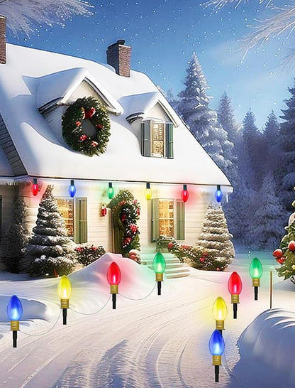 C9 LED Christmas Pathway Light Strings, 2 Pack 7FT Christmas Pathway Light Strings with 4 Jumbo LED Clear 4 Color Home Bulb Insert Rods for UL Listed for Lawn Walkway Lane Marker Lighting Decoration