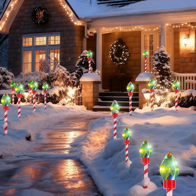 4pk Christmas Outdoor Solar Pathway Lights Waterproof Stakes Lights,Connectable Christmas Decor for Lawn, Yard, Sidewalk & Driveway (Multicolor)