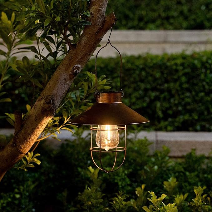 HUYIENO 2Pack Solar Metal Hanging Lantern with Shepherd Hook Outdoor Led Garden Lights Brushed Copper | Lumora
