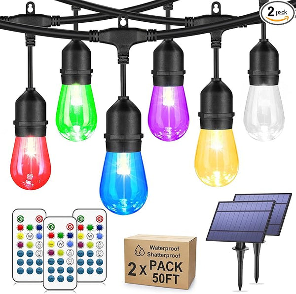 100FT(2x50FT) RGB Solar Outdoor String Lights with Remote, Multicolor&Warm White Dimmable Waterproof Patio Lights | Lumora