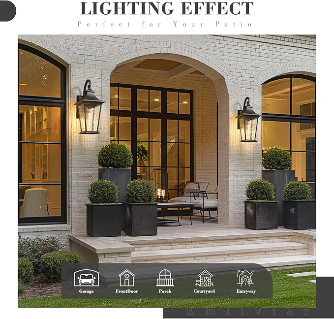 Emliviar 25 Inch Exterior Lighting Fixture, Black Outside Lights for House, Outdoor Wall Lantern with Water Ripple | Lumora