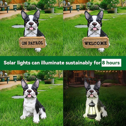 Outdoor French Bulldog Dog Statue with Interchangeable Welcome Sign and Detachable Solar Lantern –LED Light Garden Dog Sculpture Décor, Cute Puppy Design for Yard, Porch, Gift