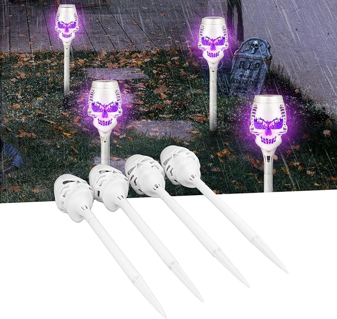 Fockety Solar Halloween Lights, 4Pcs Skull Light Solar Torch Light with Flickering Flam, IP65 Solar Pathway Lights for Outside Garden Yard Patio Pathway Halloween Decoratrions