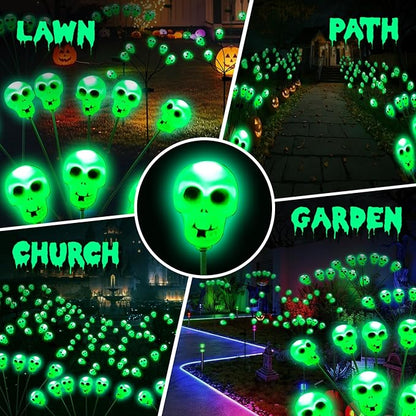 Halloween Solar Pathway Lights 2PK 12 LEDs Solar Outdoor Garden Stake Lights,Waterproof Pathway Light for Halloween Party Home Yard Patio Decorations Skull