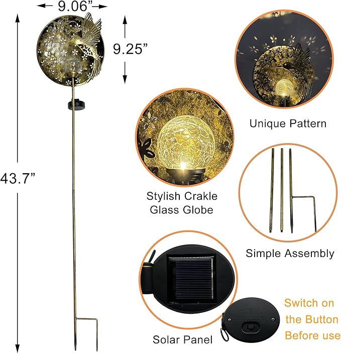 Hummingbird Solar Light Garden Outdoor Decoration Hollow Carving Flowers Crackle Glass Ball Metal Stake for Pathway | Lumora