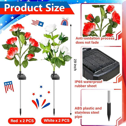 Woanger 4 Pcs Solar Flowers Cemetery Grave Decorations Outdoor LED Flower Lights with 6 Rose Powered Garden Stake Lights Waterproof for Independence Day 250 Anniversary USA Decorations(Red, White)