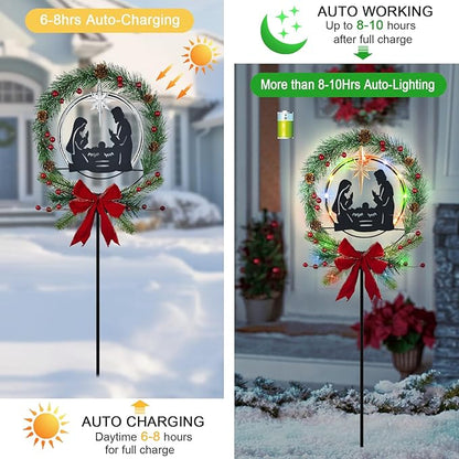 Solar Christmas Nativity Scene Outdoor,Multi Colorful Lights, Christmas Holy Family Yard Decorations,Nativity Set Silhouette Garden Stake