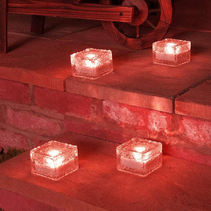 2 Pack Solar Path Ice Cube Lights Outdoor, Waterproof Garden Glass Path Light Solar Ice Light Crystal Brick Landscape Light (Red)