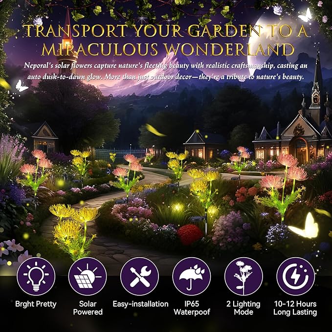 Neporal Solar Flowers Outdoor Waterproof,Romantic Warm Light with 2 Lighting Modes, Solar Outdoor Lights Decorative for Garden, Yard, Backyard Decor 4-Pack Yellow & Pink Combo