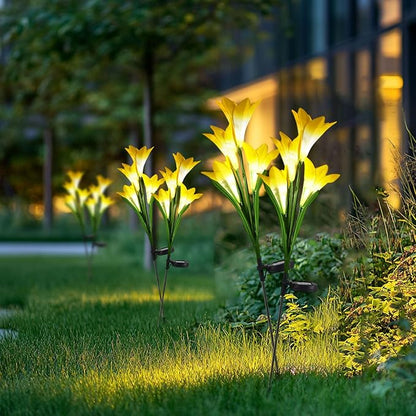 Outdoor Solar Lights, 2 Pack Solar Garden Lights with Lily Flowers, Waterproof Garden Light Outdoor - Yard Decorations for Patio Yard Decoration (Yellow)