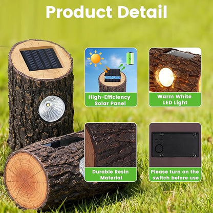 Solar Garden Lights Outdoor Decorative, 2 Pack Rustic Tree Stump Solar Pathway Lights IP65 Waterproof, Auto On/Off Yard Decor for Patio, Lawn, Flower Bed, Steps, Unique Garden Gifts, Warm White