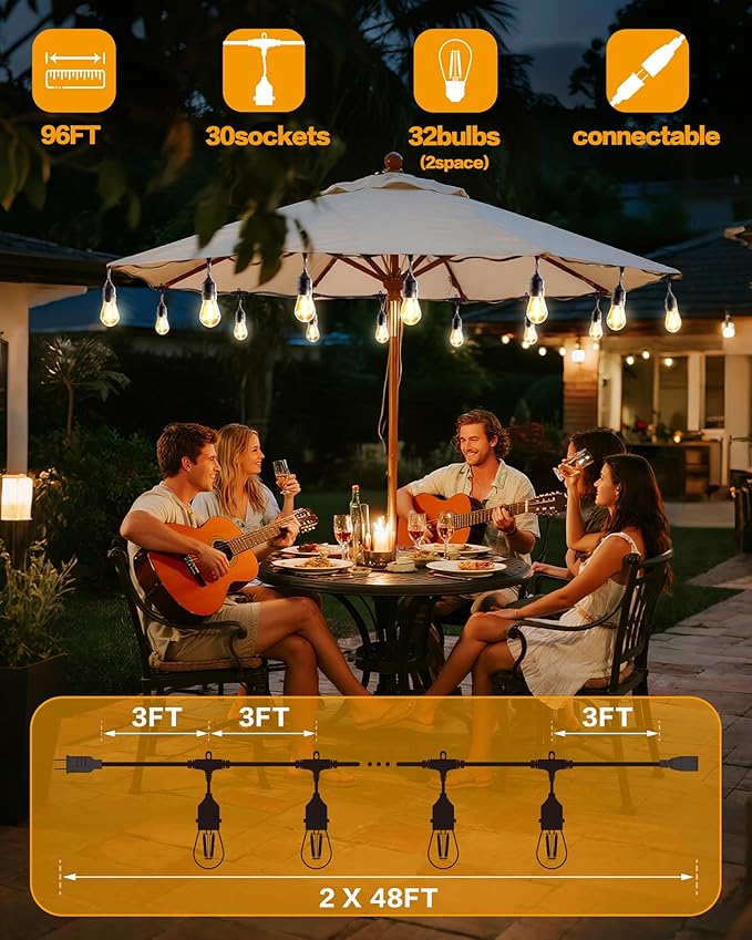 Outdoor String Lights,Super Bright LED - 96FT 30 S14 Bulbs(2 Spare), IP65 Waterproof, Commercial Grade & Shatterproof, Dimmable, UL Listed for Patio, Porch, Backyard, Gazebo (2 Pack 48FT)