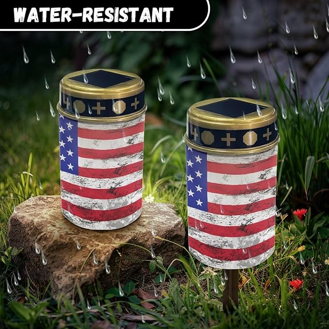 American Flag Solar Garden Stake Lights, Yard Solar Lights Cemetery Decorations for Grave Outdoor Sympathy Memorial Gift for Grandma, for Garden Lawn Patio Pathway Decor