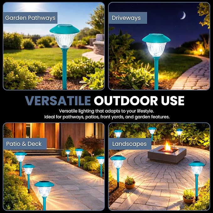 Energizer Solar Outdoor Garden Lights - 10 Pack LED Driveway Solar Lights with 10 Lumen Output & Patterned Glass & Metal Finish, IP65 Waterproof & Easy to Install Garden Lights for Outside - Turquoise