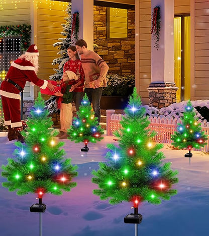 Solar Christmas Tree Lights,4 Pack Multiple Outdoor Christmas Decorations Waterproof Outdoor Xmas Decor, Tree Lights for Pathway, Patio, Yard, Garden