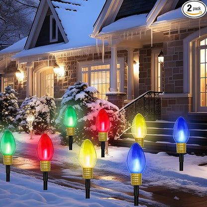 C9 LED Christmas Pathway Light Strings, 2 Pack 7FT Christmas Pathway Light Strings with 4 Jumbo LED Clear 4 Color Home Bulb Insert Rods for UL Listed for Lawn Walkway Lane Marker Lighting Decoration