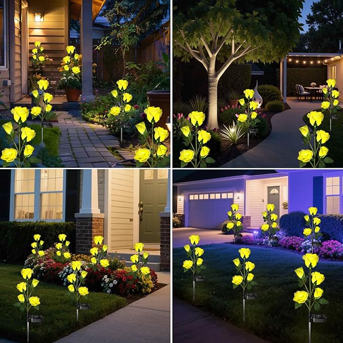 Solar Garden Flowers Lights, Solar Outdoor Lights with More Realistic 10 Rose Waterproof for Outside Patio Yard Pathway Decorations, 2 Pack Yellow