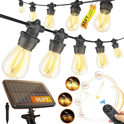 Stright 55FT Solar String Lights Outside Remote Control with USB Charging Port E12 S14 Bulbs, 55 Feet 17 Lamp Outdoor Solar Power Dimmable LED Bulbs for Patio Garden Market Bistro Backyard