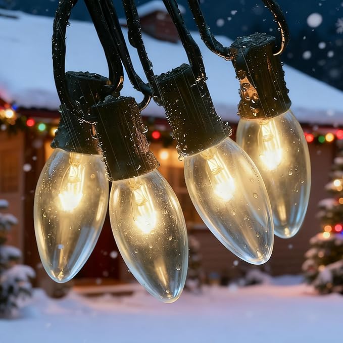 25Ft C9 Clear Valentine's Day Lights Outdoor, Vintage String Lights with 26 C9 Warm White Bulbs, Hanging Incandescent Christmas Decorations Lights for Patio Roofline Christmas Tree Garden Pathway
