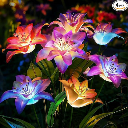 4 Pack Solar Flowers Lights Outdoor Waterproof with Lily, Yard Decorations Outdoor Garden Decor, Solar Garden Lights Outdoor Decor