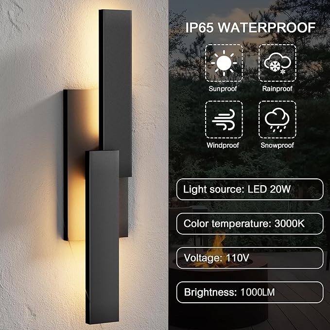 LamQee 24 Inch Aluminum Modern Outdoor Wall Light, 3000K 1000LM 20W Integrated LED, Matte Black Exterior Lighting | Lumora