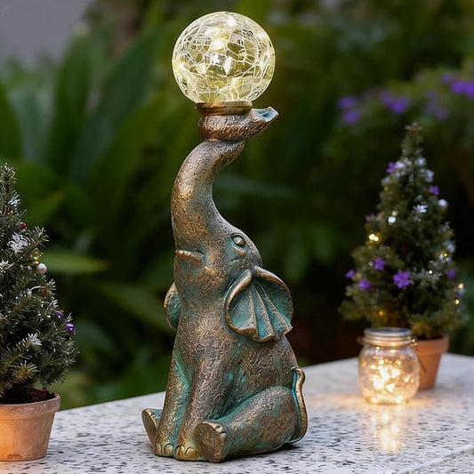 Solar Outdoor Elephant Statue Gifts Garden Decoration Lights with 8 LED Crackle Ball, Lucky Elephant Sculpture for Yard Patio, Birthday Gifts for Mom Outdoor & Home Housewarming Decor