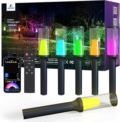 APPECK Pathway Lights Outdoor 800LM, RGBCW Low Voltage Landscape Lighting, Smart APP and Alexa Control, IP65 Waterproof, Color Changing Walkway Lights for Garden, Yard, Patio, Christmas, 6 Pack