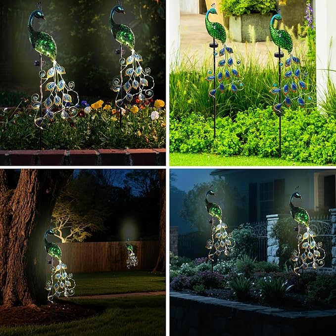 Solar Peacock Garden Stake Lights Outdoor, Waterproof Metal Glass Decorative Landscape Path Lights with Thick Stake Glow in The Dark Eye for Pathway Patio Lawn Yard