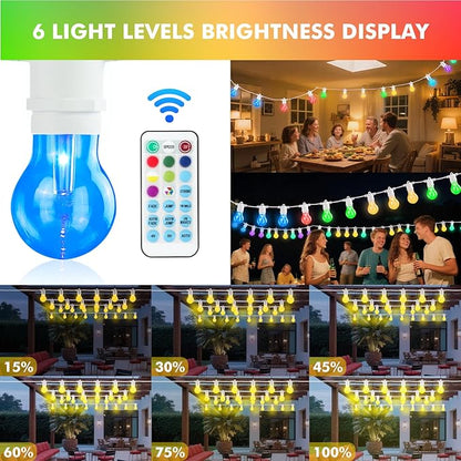 48FT RGB LED Outdoor String Lights - Dimmable Color Changing Patio Lights with Shatterproof E26 Edison Bulbs, Remote Control for Garden, Bistro & Backyard Decor(White)