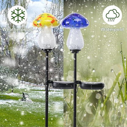 Afirst Solar Outdoor Lights Decorative Solar Glass Mushroom Lights Waterproof LED Waterproof Garden Stake Light for Walkway Pathway Lawn Patio Yard Decorations 2 Pack Yellow&Blue