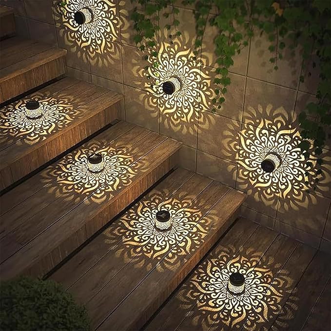 Decorative Solar Mandala Lights, Solar Mandala Lights Outdoor, Metal Solar Powered Outdoor Deck Step Wall Lights, Mandala Theme Waterproof Fence Light for Garden Post Patio Backyard Yard (2 Pcs)