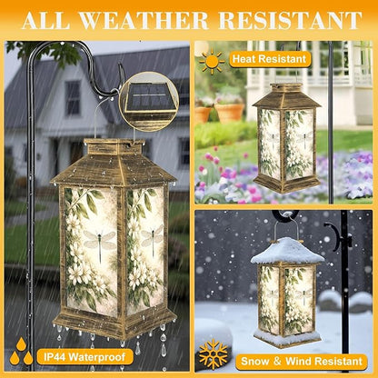 Solar Lantern Outdoor Waterproof Vintage Dragonfly Botanical Retro Dragon Fly Leaves White Flowers Garden Decor LED Solar Lights Hanging/Tabletop Lamp Gifts for Women Mom for Outside Yard Patio