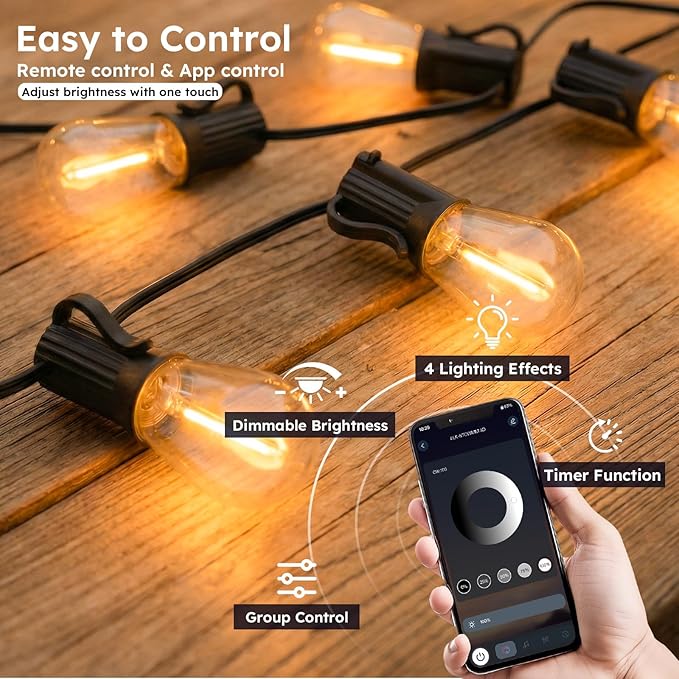 100FT S11 LED Outdoor String Lights with App & Remote, Low-Voltage Patio Lights with Music Sync, 4 Lighting Modes | Lumora