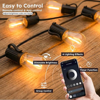 200FT S11 LED Outdoor String Lights with App & Remote, Low-Voltage Patio Lights with Music Sync, 4 Lighting Modes, Dimmable, Waterproof LED Outdoor Lights for Backyard, Porch, Deck, Garden