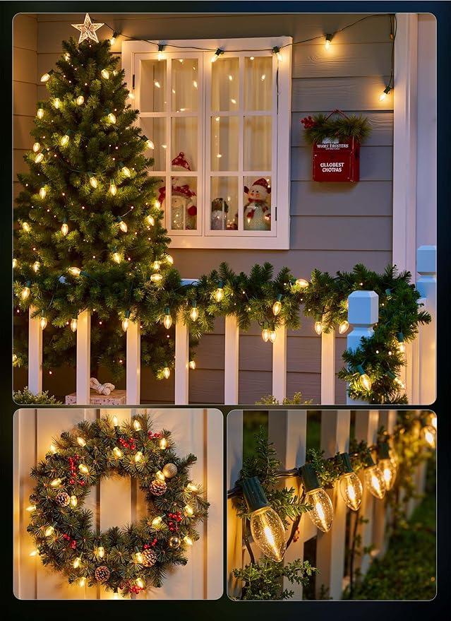 Minetom C9 Clear Christmas String Lights, 25FT 25 Bulbs Bright & Warm Outdoor Christmas Lights, Long Life C9 String Lights for Tree Patio Gazebo Wreath, Green Wire