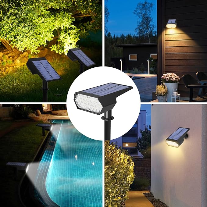 I-SHUNFA Solar Spot Lights Outdoor 2Pack,4 Lighting Modes,Cool White and Warm White 2 Colors Adjustable Solar Light,Auto On/Off Solar Powered Landscape Light for Yard Wall Pathway
