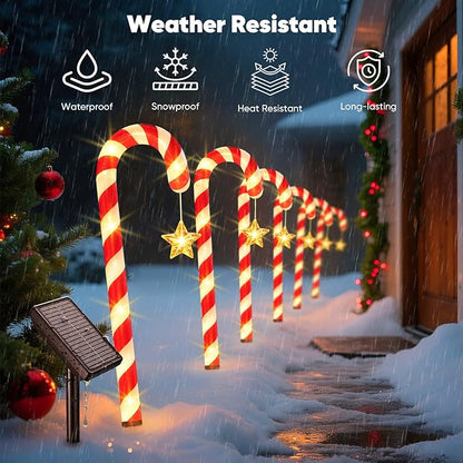 Solar Christmas Lights Outdoor Waterproof: 24-Pack Solar Candy Cane Christmas Decorations Outdoor Pathway Lights with Stakes 10 Modes, 144 LED Xmas Decorations for Yard Garden Holiday Decor