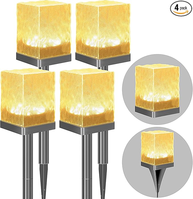 Solar Garden Lights Outdoor, Waterproof Pathway Light Featuring Crystal-Clear Ice Brick, Multi-use Landscape Decoration Ground Lighting Solar Powered Lawn Lamp (Warm White, 4 Pack)