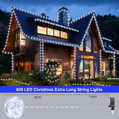262FT 800LED Christmas Lights Outdoor, Outdoor Transparent Wire Christmas Tree Lights with 8 Modes Waterproof, Plug in String Light for Outside Indoor Xmas Tree House Holiday Wedding Party Decor