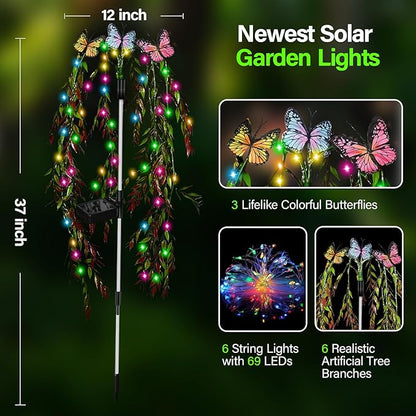 Solar Garden Lights Outdoor Decorative Waterproof, 69LED Swaying Tree Solar Lights for Outside, Butterfly Flower Lights Solar Power Yard Decor for Pathway Patio Lawn Grave Decorations