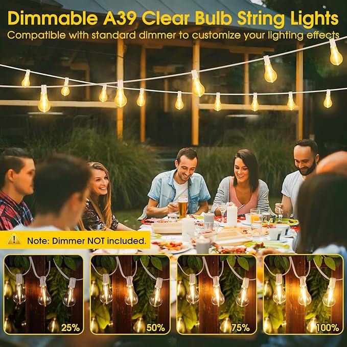 100FT Outdoor String Lights, LED Patio Lights with 32 Waterproof Shatterproof Dimmable A39 Hanging Bulbs(2 Spare) | Lumora