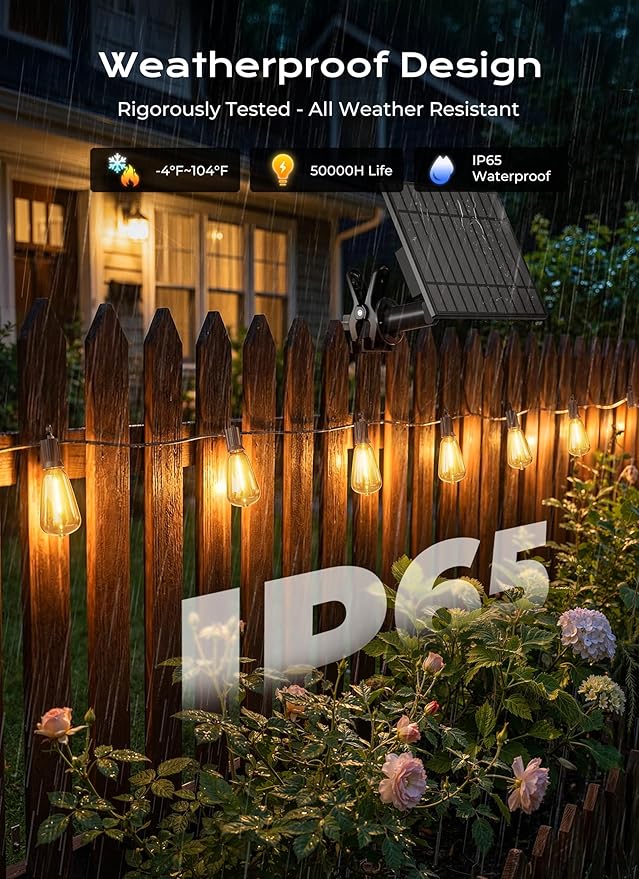 Brightown 108FT Solar String Lights Outdoor Waterproof, Patio Lights with Remote and 50+2 LED Shatterproof Bulbs, Dimmable & Timable, 3 Light Modes, Solar Lights Outdoor for Yard Camping Party Outside