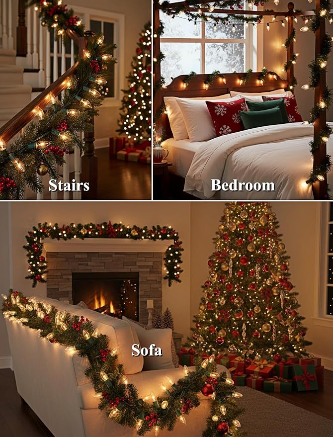 C9 Clear Christmas String Lights 25Ft C9 Outdoor Lights String with 26 Clear Bulbs, Hanging Christmas Roofline Light Patio Lights for Outdoor Decor 7 Watt C9/E17 Intermediate Base-Green Wire