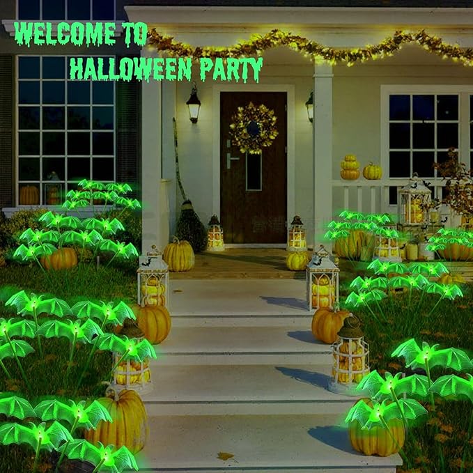 2Pack Solar Bat Garden Lights for Halloween Decorations outdoor,12LED 3D Scary Light up Flying Bats Outside Decor, Solar Bats Path Lights for Home Garden Porch Yard Lawn Halloween Party Gifts Decor