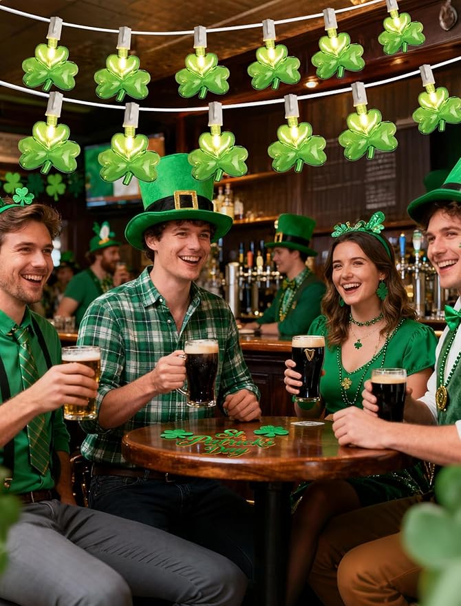 St Patricks Day Shamrock String Lights, 10.5ft Connectable Outdoor Green Clover Lights, Warm White Wire, UL Listed Waterproof