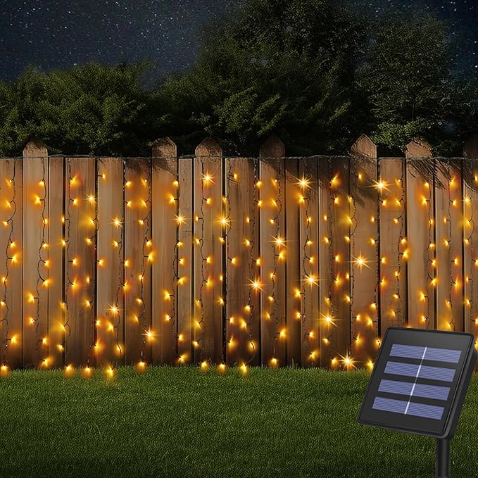 DBFAIRY Solar Curtain Lights,19.6ft x 3.3ft 300 LED Outdoor Christmas Solar Curtain Lights Waterproof Green Wire with 8 Mode for Garden Handrail Railing Eaves Wall Decoration -Warm White