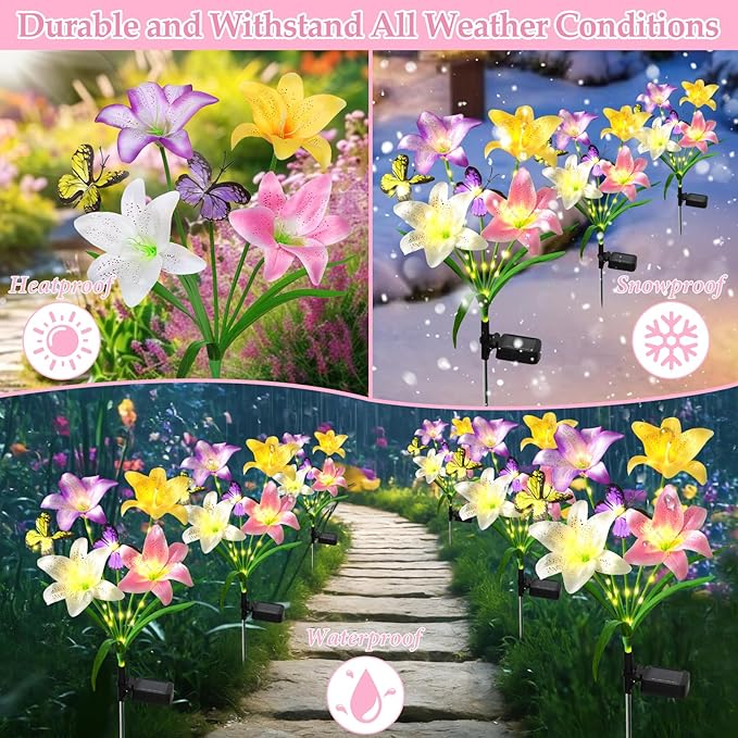 Alynsehom 2 Pack Solar Garden Lights, 29in Outdoor Waterproof Solar Flower Lights with 8 Lilies 4 Butterflies | Lumora