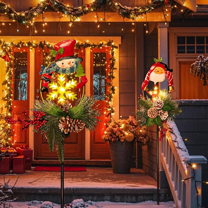 Tryme Solar Christmas Garden Lights - Outdoor Decorations Snowman & Xmas Santa Claus with Pine Cones, for Women